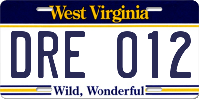 WV license plate DRE012