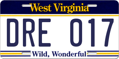 WV license plate DRE017