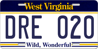 WV license plate DRE020