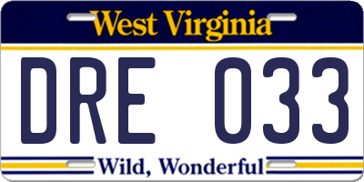WV license plate DRE033