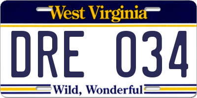 WV license plate DRE034