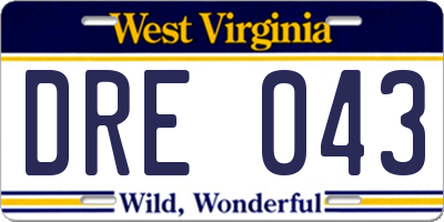 WV license plate DRE043