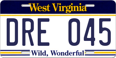 WV license plate DRE045