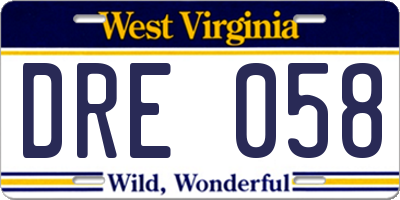 WV license plate DRE058