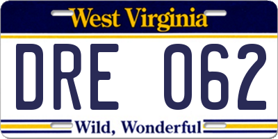 WV license plate DRE062