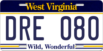 WV license plate DRE080