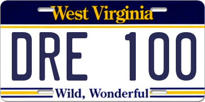 WV license plate DRE100