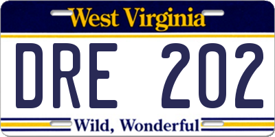WV license plate DRE202