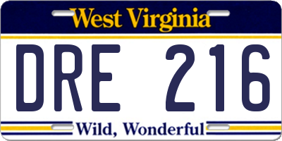 WV license plate DRE216