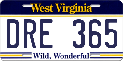 WV license plate DRE365
