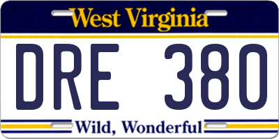 WV license plate DRE380