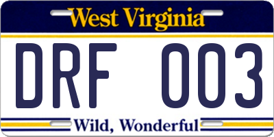 WV license plate DRF003