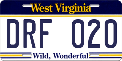 WV license plate DRF020