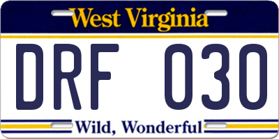 WV license plate DRF030
