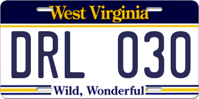 WV license plate DRL030