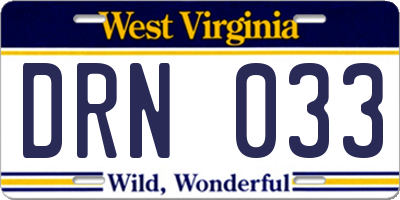 WV license plate DRN033