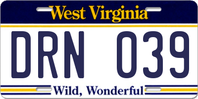 WV license plate DRN039