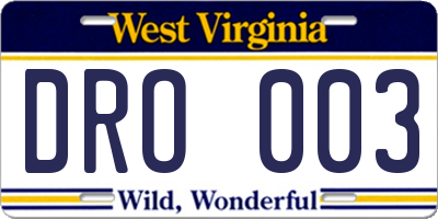 WV license plate DRO003