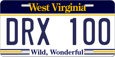 WV license plate DRX100