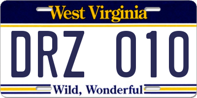 WV license plate DRZ010