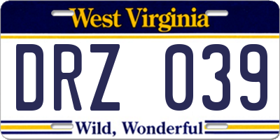 WV license plate DRZ039