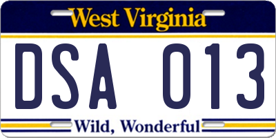 WV license plate DSA013