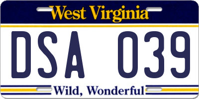 WV license plate DSA039
