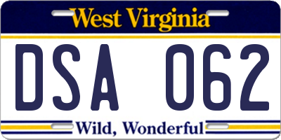 WV license plate DSA062