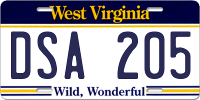 WV license plate DSA205