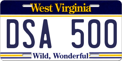 WV license plate DSA500