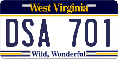 WV license plate DSA701