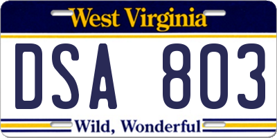 WV license plate DSA803