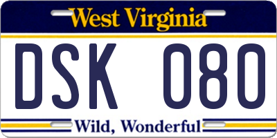 WV license plate DSK080