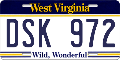 WV license plate DSK972