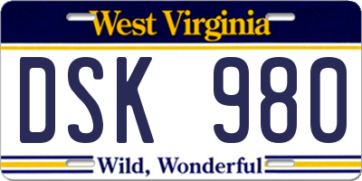 WV license plate DSK980