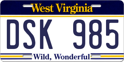 WV license plate DSK985
