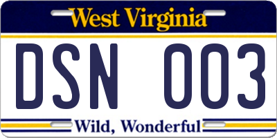 WV license plate DSN003