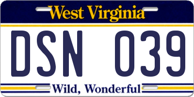 WV license plate DSN039