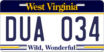 WV license plate DUA034