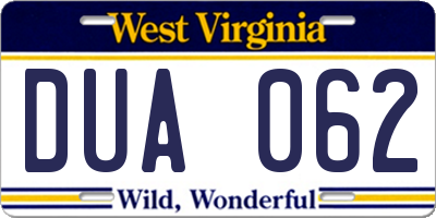 WV license plate DUA062