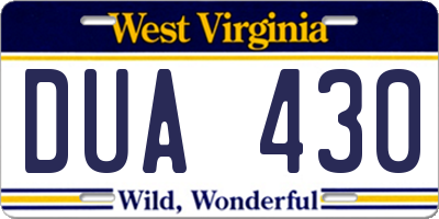 WV license plate DUA430