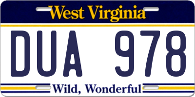 WV license plate DUA978
