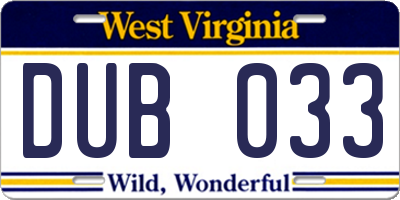 WV license plate DUB033