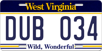 WV license plate DUB034