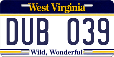 WV license plate DUB039