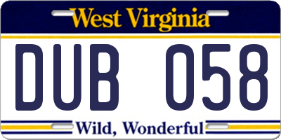 WV license plate DUB058