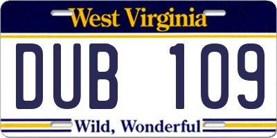 WV license plate DUB109