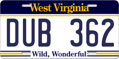 WV license plate DUB362