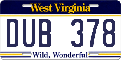 WV license plate DUB378
