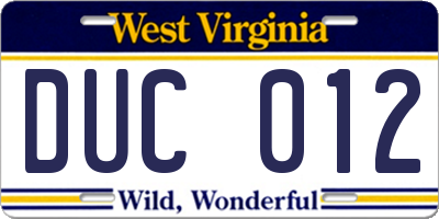 WV license plate DUC012